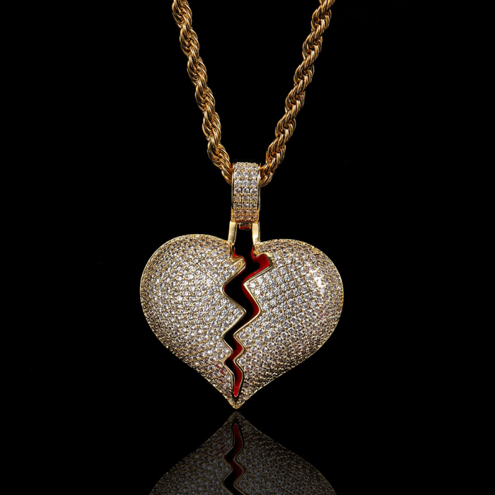 Lantisor Rope cu pandantiv inima franta, hip hop, insertii pietre zirconiu, placat cu aur 18K, auriu [2]