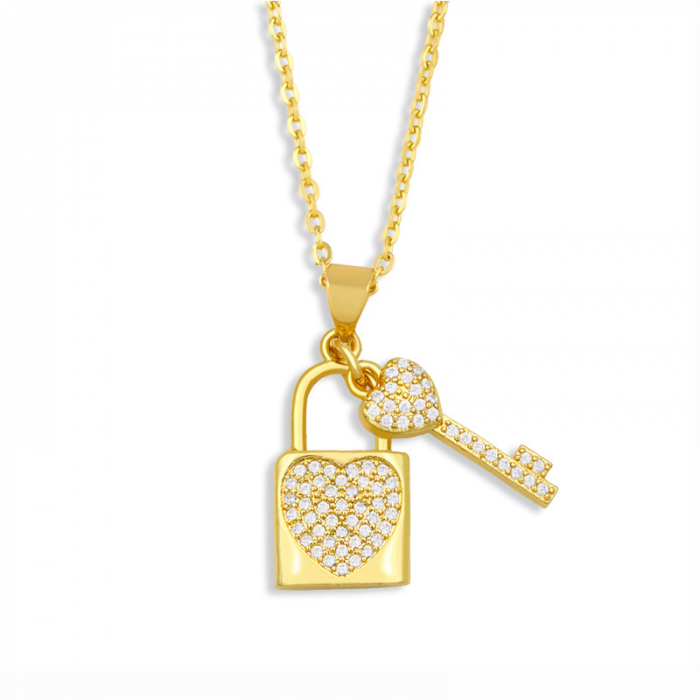 Lantisor si pandantiv lacat si cheita, placat cu aur 18K, pietre zirconiu alb, auriu [1]