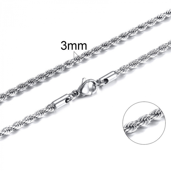 Lantisor simplu model Rope chain din otel inoxidabil, placat cu aur 18K, 60cm, Tessero, argintiu [2]