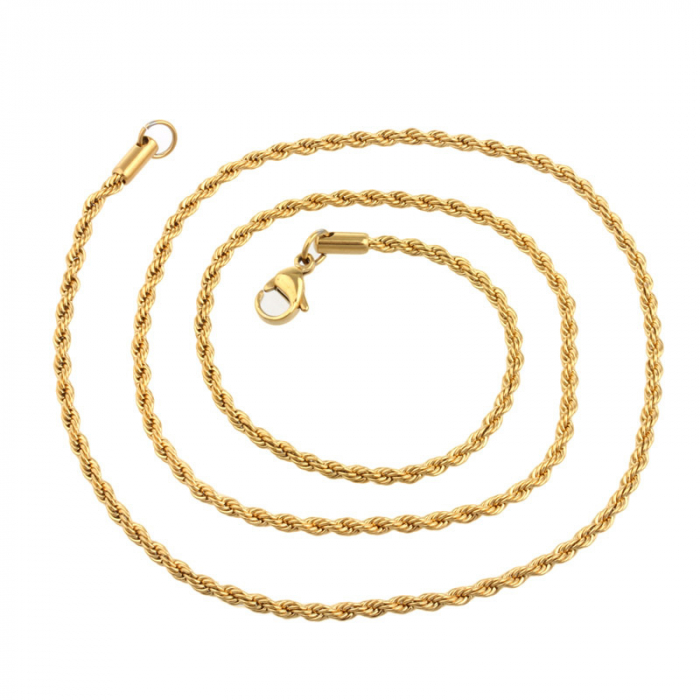Lantisor simplu model Rope din otel inoxidabil, placat cu aur 18K, 60cm, auriu [4]