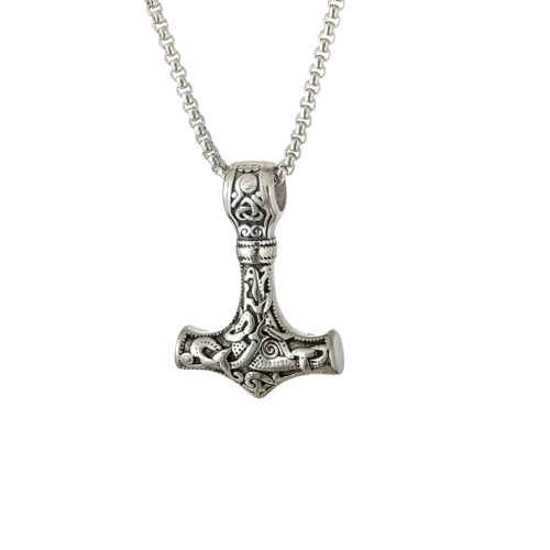 Lantisor Viking design cubic cu pandantiv in forma de ciocanul lui Thor, otel inoxidabil, Tessero, argintiu [1]