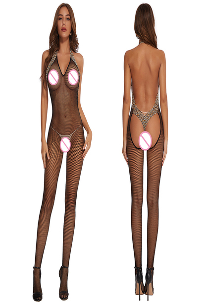 Lenjerie sexy de dama, body, model plasa cu dantela tip costum erotic, animal print, marime universala, negru [2]