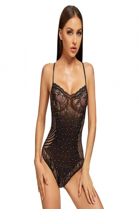 Lenjerie sexy de dama decorata cu pietre zirconiu, model body, marime universala, dantela, Tessero, negru [1]