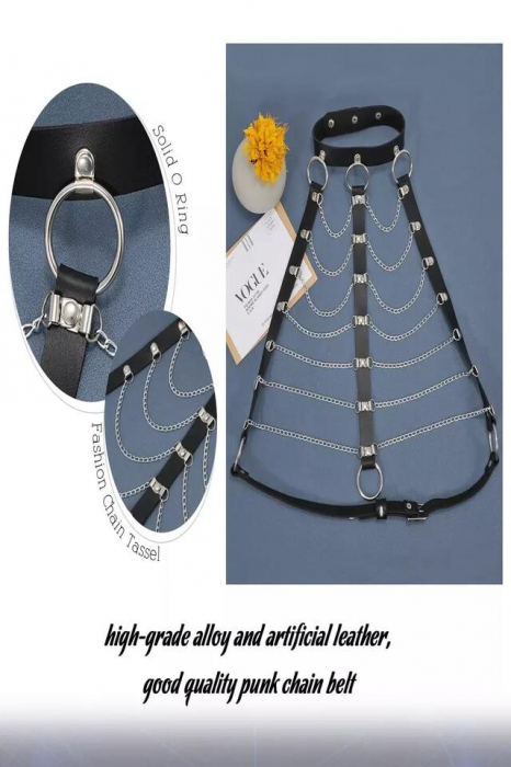 Lenjerie sexy din piele de dama, model tip ham cu choker si lanturi, marime universala, Tessero, negru [3]