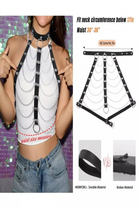 Lenjerie sexy din piele de dama, model tip ham cu choker si lanturi, marime universala, Tessero, negru [4]