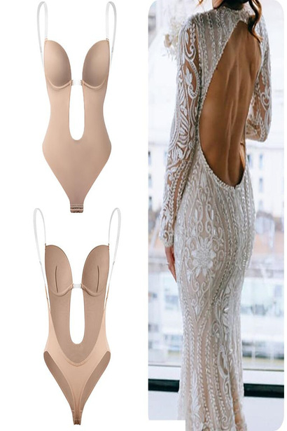 Lenjerie tip body modelator fara spate, in forma de U, sutien cu push-up, corset cu efect de slabire, tanga, Tessero, marime L INTL, bej nude [3]