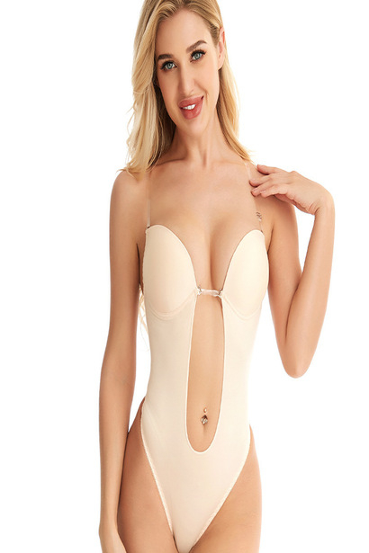 Lenjerie tip body modelator fara spate, in forma de U, sutien cu push-up, corset cu efect de slabire, tanga, Tessero, marime L INTL, bej nude [2]