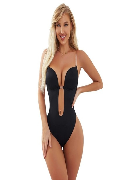 Lenjerie tip body modelator fara spate, in forma de U, sutien cu push-up, corset cu efect de slabire, tanga, Tessero, marime S INTL, negru [3]