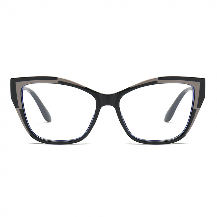 Ochelari de protectie pentru calculator, model Cat-Eye, ecran telefon, laptop, TV, fara dioptrii, lentile transparente, rama in doua culori, antireflex, anti lumina albastra, unisex, Tessero, negru [2]