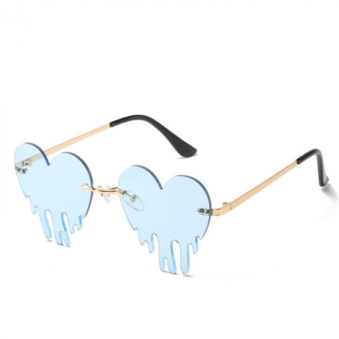 Ochelari de soare cu model, lentile in forma de inima, rama metalica, protectie UV400, albastru si auriu [1]