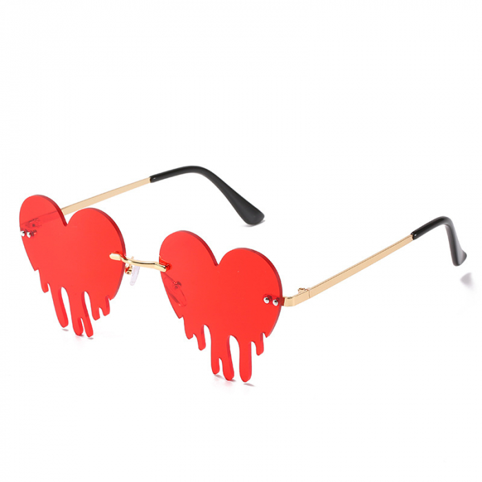 Ochelari de soare cu model, lentile in forma de inima, rama metalica, protectie UV400, rosu si auriu [1]