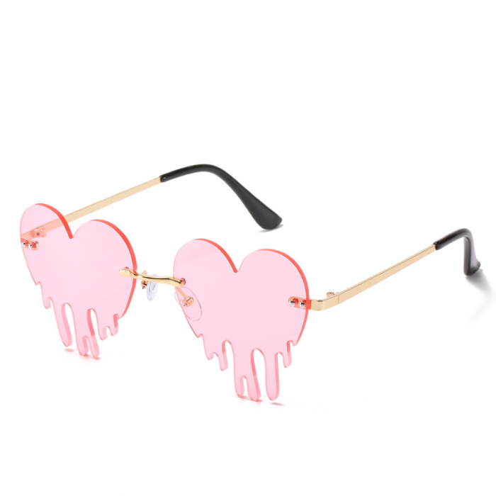 Ochelari de soare cu model, lentile in forma de inima, rama metalica, protectie UV400, roz si auriu [1]