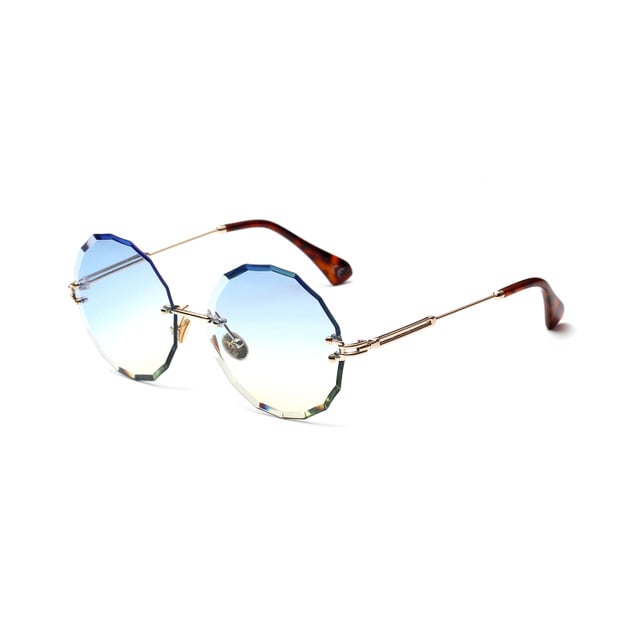 Ochelari de soare dama rotunzi, lentile diamond cut degrade cu tenta albastra, brate metalice, protectie UV400, auriu [3]