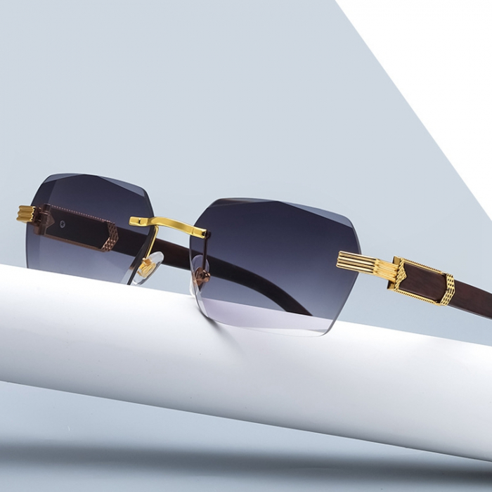 Ochelari de soare dreptunghiulari, model Vintage, imitatie lemn, protectie UV400, unisex, Tessero, maro si auriu [2]