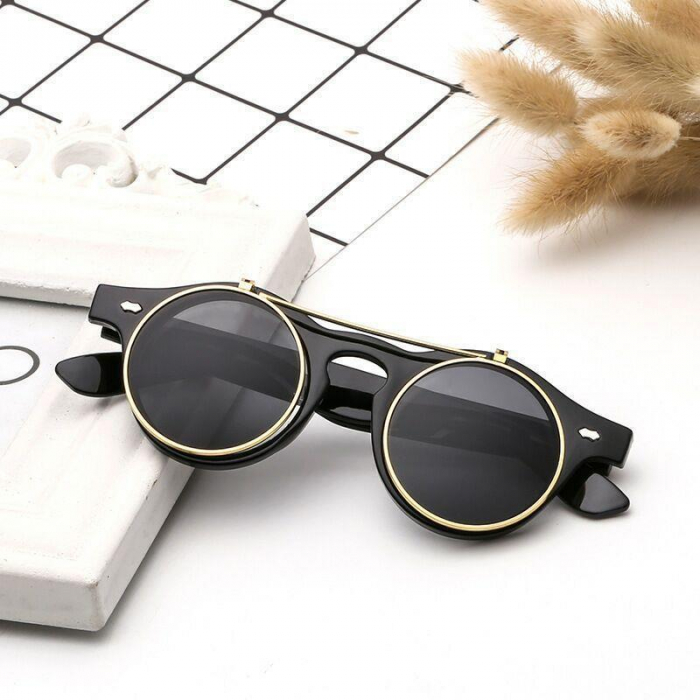 Ochelari de soare rotunzi Retro Vintage, model cu lentile rabatabile, protectie UV400, unisex, rame metalice, Tessero, negru [2]