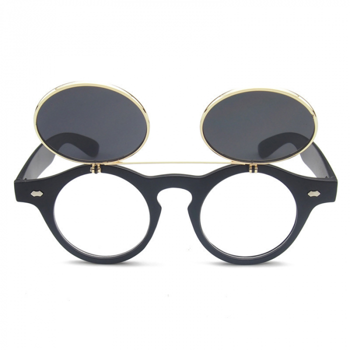 Ochelari de soare rotunzi Retro Vintage, model cu lentile rabatabile, protectie UV400, unisex, rame metalice, Tessero, negru [1]
