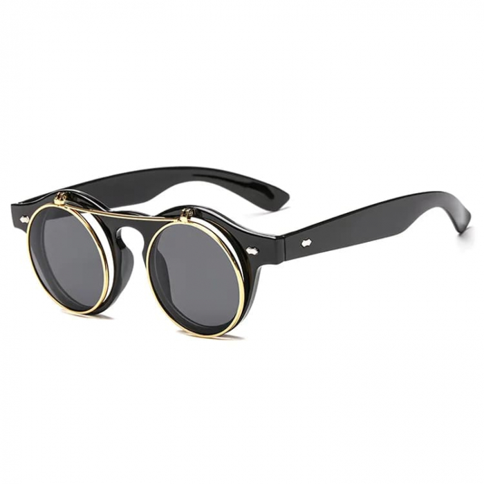 Ochelari de soare rotunzi Retro Vintage, model cu lentile rabatabile, protectie UV400, unisex, rame metalice, Tessero, negru [3]