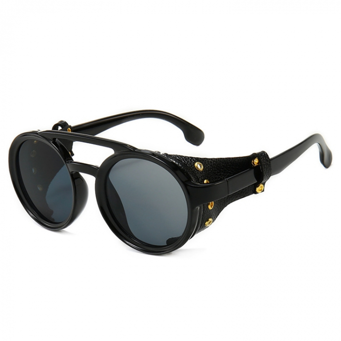 Ochelari de soare rotunzi Steampunk, unisex, model retro cu piele naturala laterala, protectie UV400, negru [1]