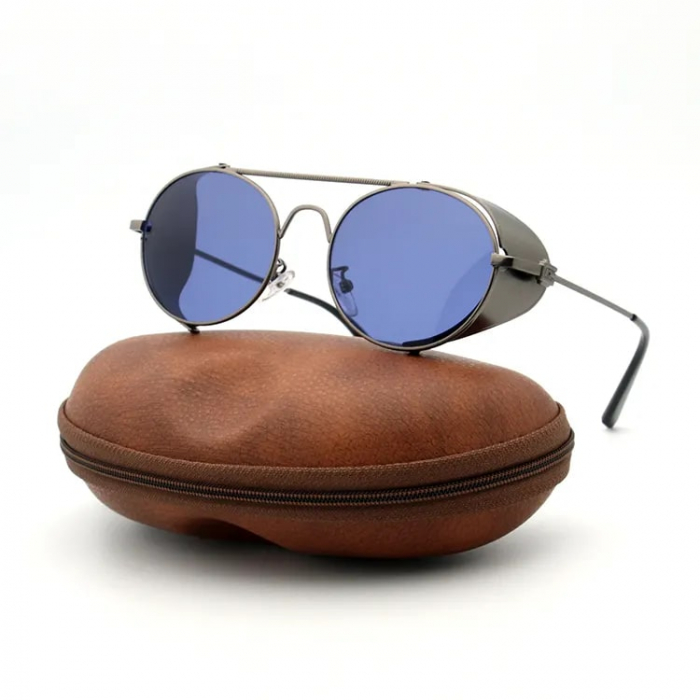 Ochelari de soare rotunzi SteamPunk Vintage slim, lentila albastra, protectie laterala, UV400, unisex, Tessero, argintiu [1]