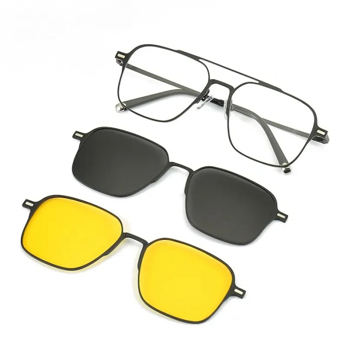 Ochelari de soare si pentru protectie calculator 3 in 1, prindere cu magnet, 3 tipuri de lentile diferite culori, rama metalica, protectie UV400, negru, anti lumina albastra, Tessero [2]