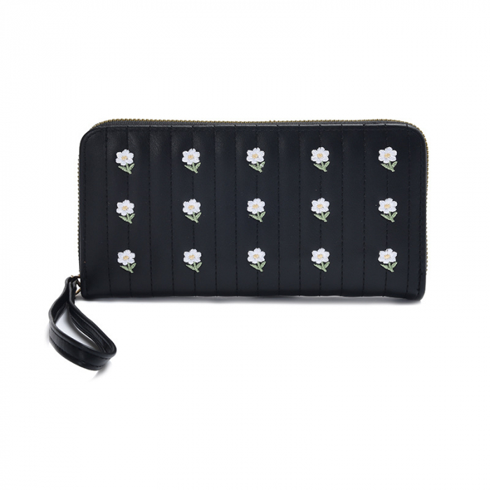 Portofel de dama dreptunghiular din piele ecologica, model floral, compartimente multiple, maner, inchidere cu fermoar, Tessero, negru [2]
