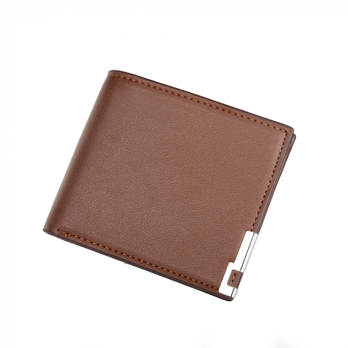 Portofel slim barbatesc din piele naturala, model cu colt metalic, multiple compartimente, Tessero, maro [1]