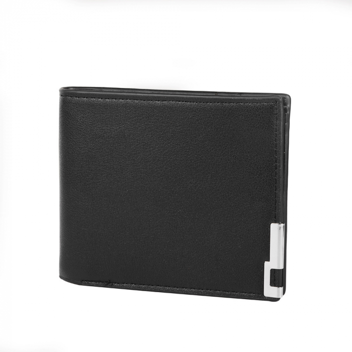 Portofel slim barbatesc din piele naturala, model cu colt metalic, multiple compartimente, Tessero, negru [3]