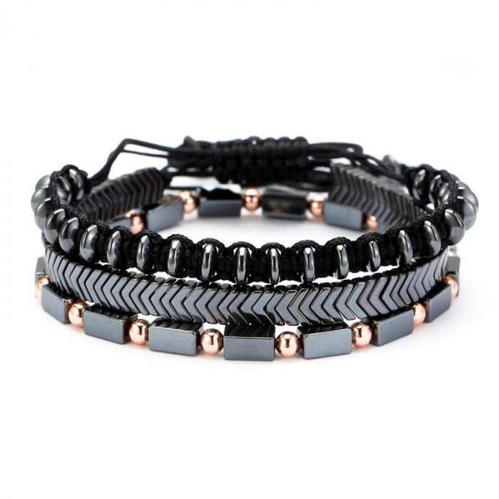 Set 3 bratari din hematit, piatra naturala semipretioasa, marime reglabila, unisex, Tessero, gri [3]