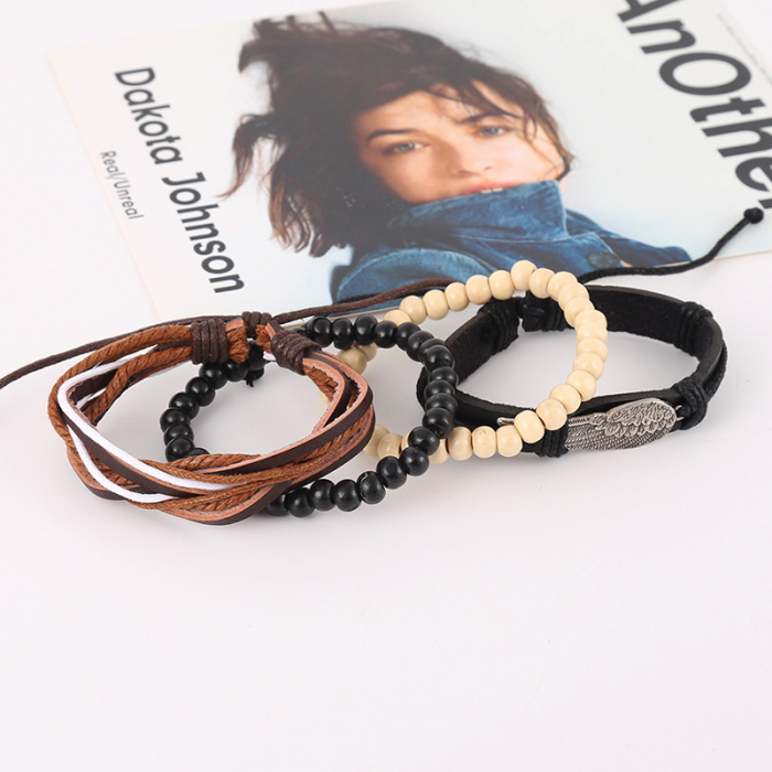 Set 4 bratari din piele naturala si pietre semipretioase, model in forma de aripa, marime reglabila, unisex, Tessero, negru si maro [4]