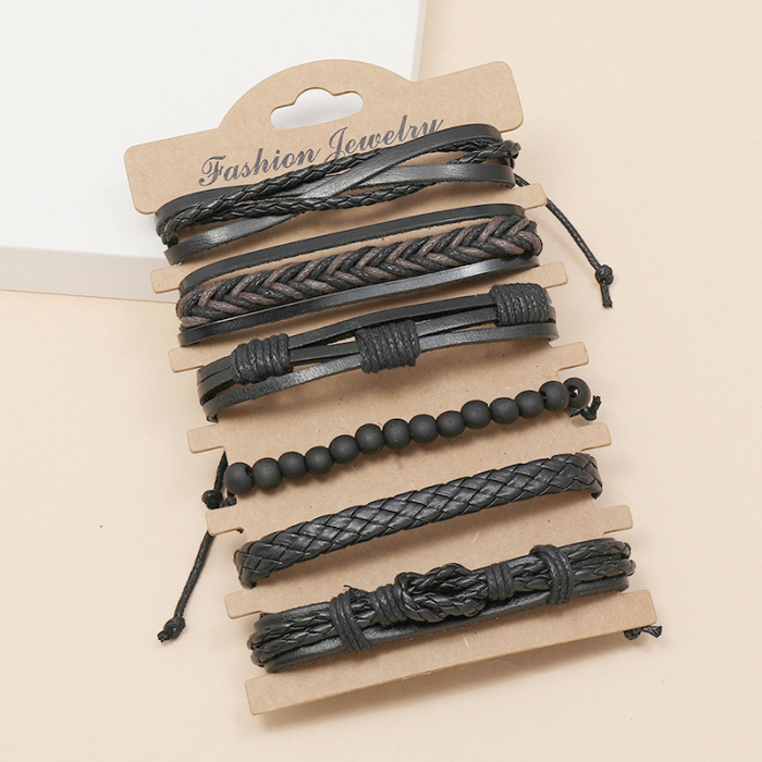 Set 6 bratari diferite modele cu multiple straturi din piele naturala, marime reglabila, model impletit, Tessero, negru [1]