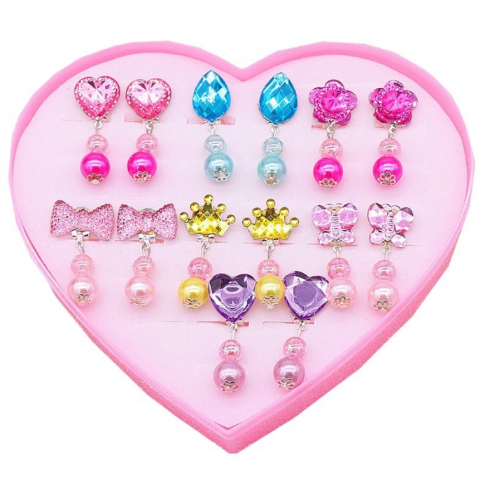 Set 7 cercei raindrop pentru copii diferite modele pentru fetite, cutie in forma de inima, diferite culori, Tessero [1]