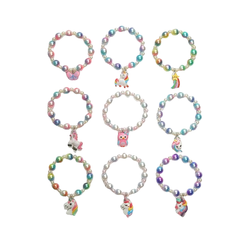 Set 9 bratari pentru copii, fetite, diferite modele din margele, elastic, charm-uri animate cu unicorni, fluturi, Tessero [1]