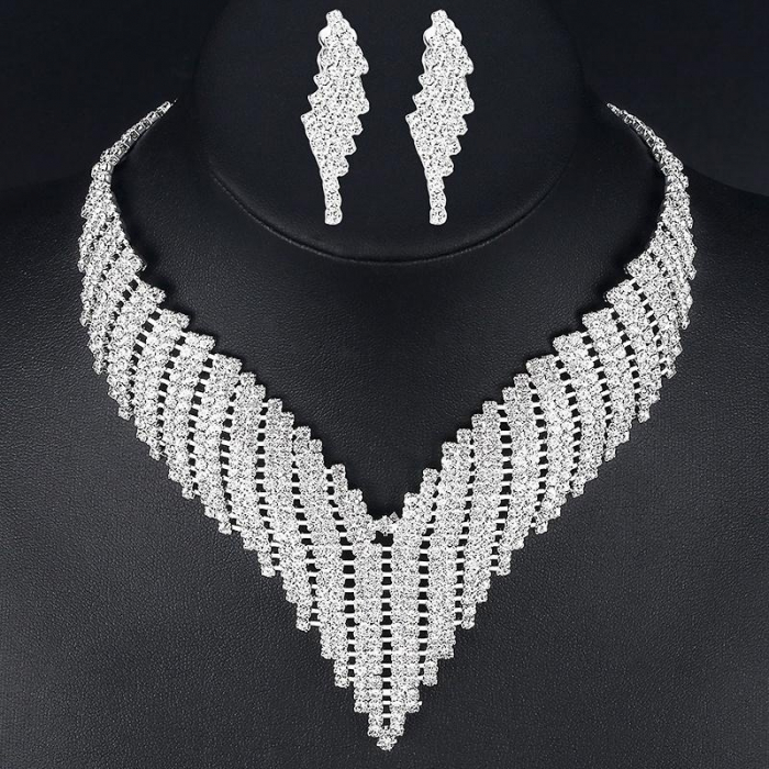 Set bijuterii dama, colier si cercei cu strasuri din pietre zirconiu, pentru evenimente, ocazii, placat cu aur 18K, extensie reglabila, Tessero, argintiu [2]