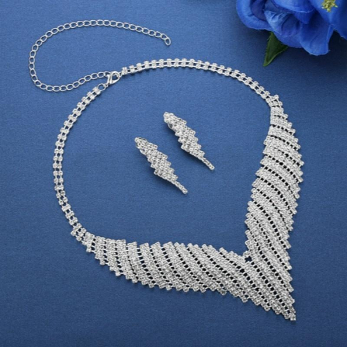 Set bijuterii dama, colier si cercei cu strasuri din pietre zirconiu, pentru evenimente, ocazii, placat cu aur 18K, extensie reglabila, Tessero, argintiu [3]
