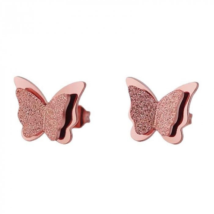 Set bijuterii dama, colier si cercei din otel inoxidabil, model cu fluture, placat cu aur 18K, extensie reglabila, Tessero, rose gold [1]