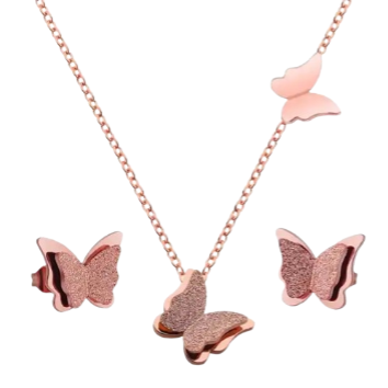 Set bijuterii dama, colier si cercei din otel inoxidabil, model cu fluture, placat cu aur 18K, extensie reglabila, Tessero, rose gold [3]