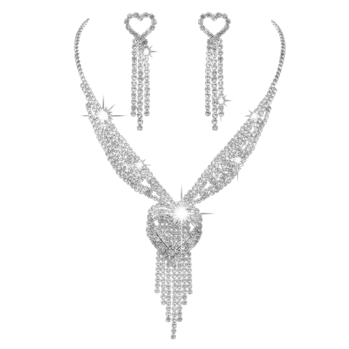 Set bijuterii dama, colier si cercei rain drop, pentru evenimente, ocazie, strasuri din pietre zirconiu, model in forma de inima, Tessero, argintiu [1]
