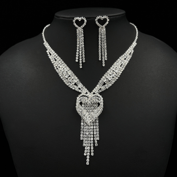 Set bijuterii dama, colier si cercei rain drop, pentru evenimente, ocazie, strasuri din pietre zirconiu, model in forma de inima, Tessero, argintiu [2]
