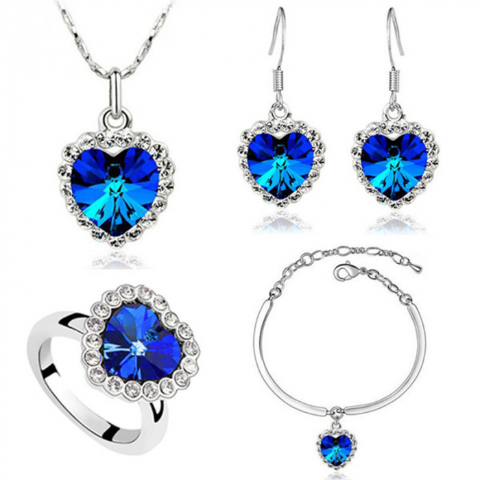 Set bijuterii dama, lantisor cu pandantiv, bratara, inel si cercei, in model forma de inima, cristale zirconiu cu efect de cristal Sapphire, placat cu aur alb 18K, Tessero, albastru [1]