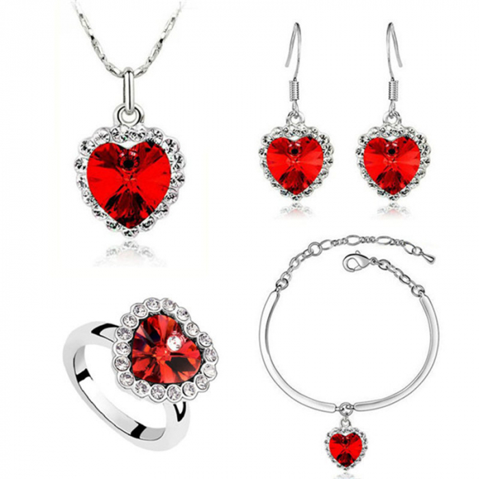 Set bijuterii dama, lantisor cu pandantiv, bratara, inel si cercei, in model forma de inima, cristale zirconiu cu efect de cristal Sapphire, placat cu aur alb 18K, Tessero, rosu [1]