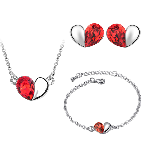 Set bijuterii dama, lantisor cu pandantiv, bratara si cercei, in model forma de inima, cristale zirconiu cu efect de cristal Sapphire, placat cu aur alb 18K, Tessero, rosu [1]