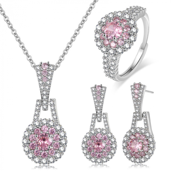Set bijuterii dama, lantisor cu pandantiv, cercei rain drop si inel, pietre zirconiu, cristal roz, placat cu aur alb 18K, Tessero, argintiu [1]