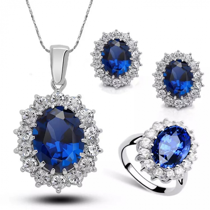 Set bijuterii dama, lantisor cu pandantiv, cercei si inel marime 7, cristale zirconiu cu efect de Sapphire, placat cu aur alb 18K, Tessero, albastru [1]