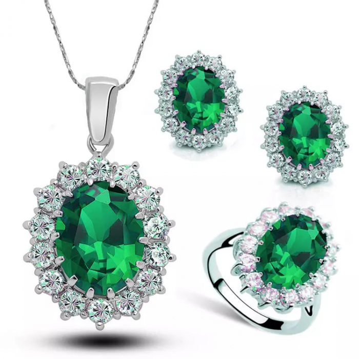Set bijuterii dama, lantisor cu pandantiv, cercei si inel marime 7, cristale zirconiu cu efect de Sapphire, placat cu aur alb 18K, Tessero, verde [1]