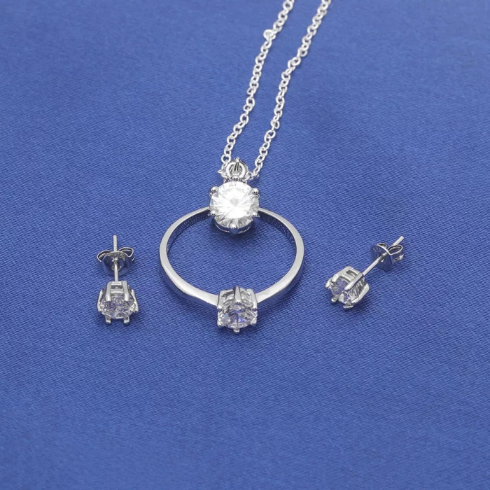 Set bijuterii dama, lantisor cu pandantiv, cercei si inel marime 7, pietre zirconiu, placat cu aur alb 18K, Tessero, argintiu [1]