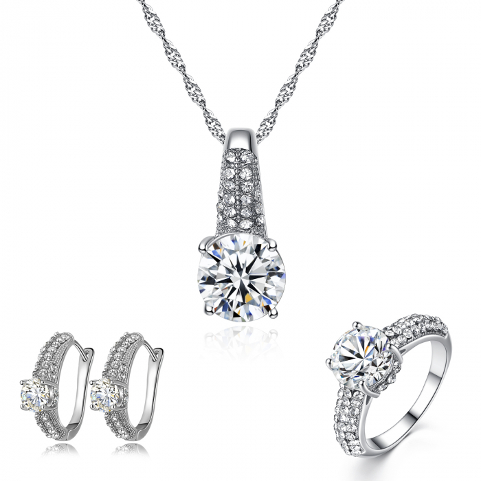 Set bijuterii dama, lantisor cu pandantiv, cercei si inel, pietre zirconiu, placat cu aur alb 18K, argintiu [1]