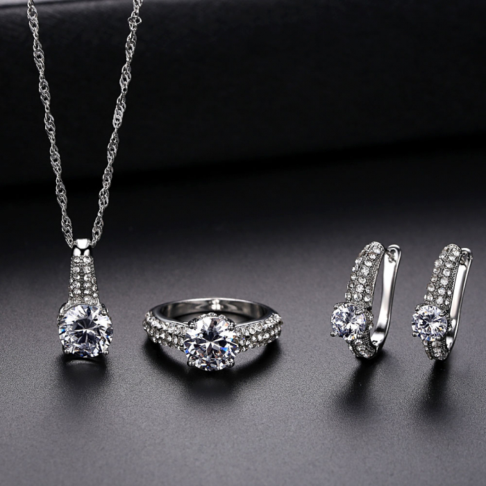 Set bijuterii dama, lantisor cu pandantiv, cercei si inel, pietre zirconiu, placat cu aur alb 18K, argintiu [2]
