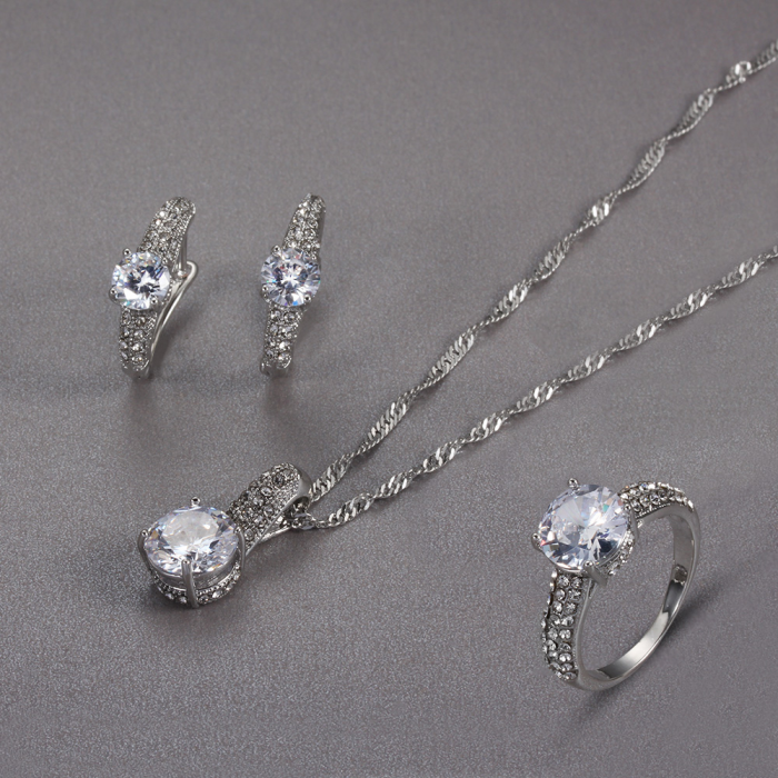 Set bijuterii dama, lantisor cu pandantiv, cercei si inel, pietre zirconiu, placat cu aur alb 18K, argintiu [3]