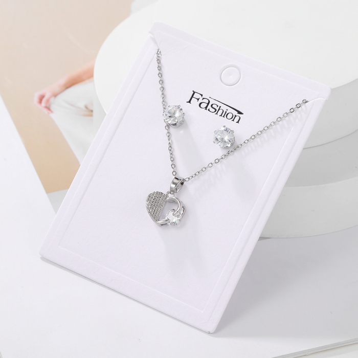 Set bijuterii dama, lantisor cu pandantiv in forma de inima si cercei, pietre zirconiu, placat cu aur alb 18K, Tessero, argintiu [1]