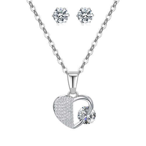 Set bijuterii dama, lantisor cu pandantiv in forma de inima si cercei, pietre zirconiu, placat cu aur alb 18K, Tessero, argintiu [4]